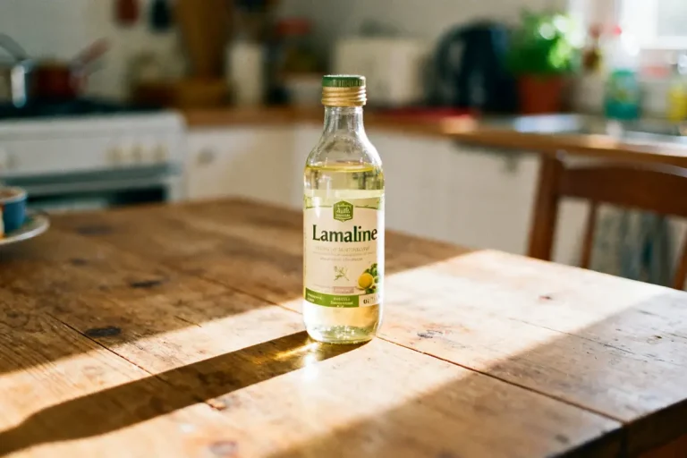 Bouteille d'huile Lamaline posée sur une table en bois dans une cuisine ensoleillée