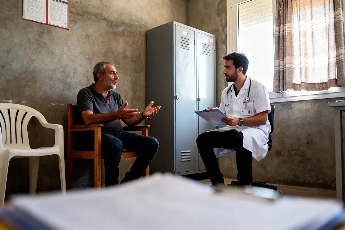 Un homme consulte un médecin MKDE dans un bureau médical ensoleillé et sobre