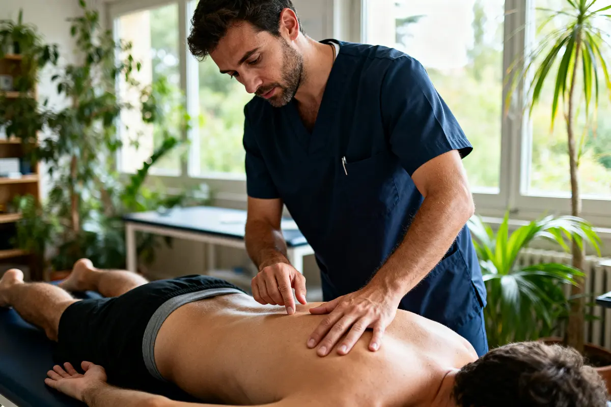 Thérapeute MKDE effectuant un massage sur le dos d'un patient couché sur une table