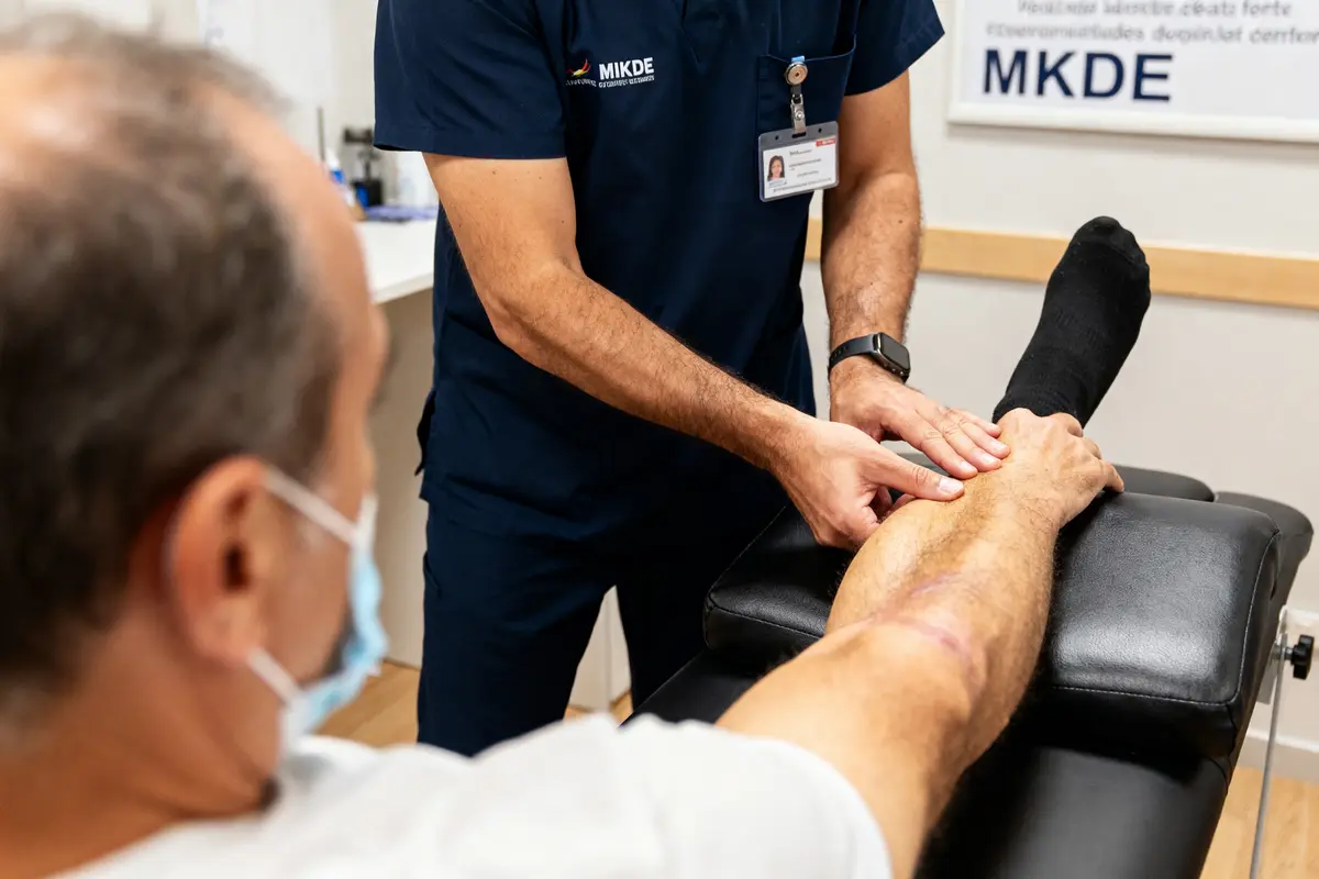 Personne soignant une jambe en cabinet de kinésithérapie MKDE sur table d'examen médicale