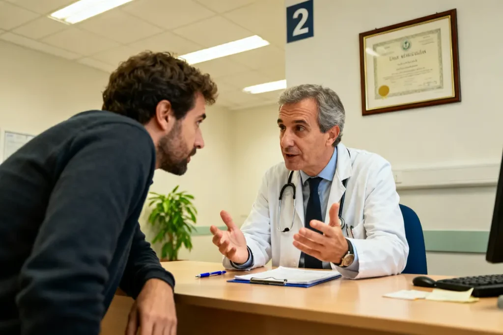 Docteur consultant un patient à propos d'Optam dans son bureau médical moderne et éclairé