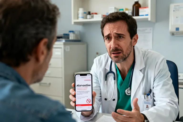 Médecin montre le danger de l'atorvastatine sur smartphone à un patient inquiet кабинет