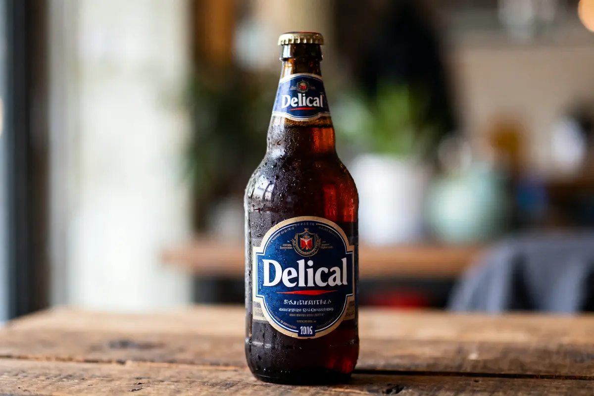 Bouteille de Delical boisson prise de poids sur table en bois floue en arrière-plan