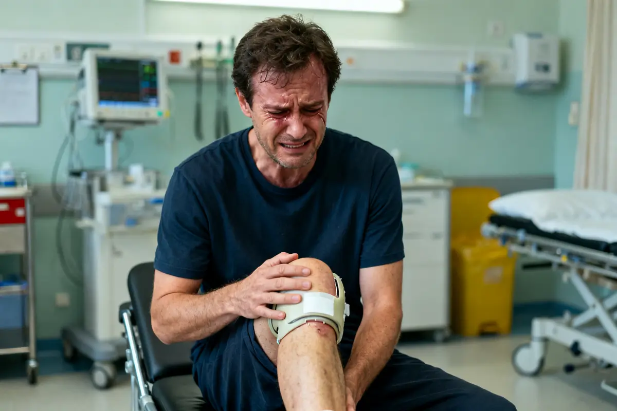 Homme souffrant de douleur après prothèse du genou, assis dans une salle d'hôpital