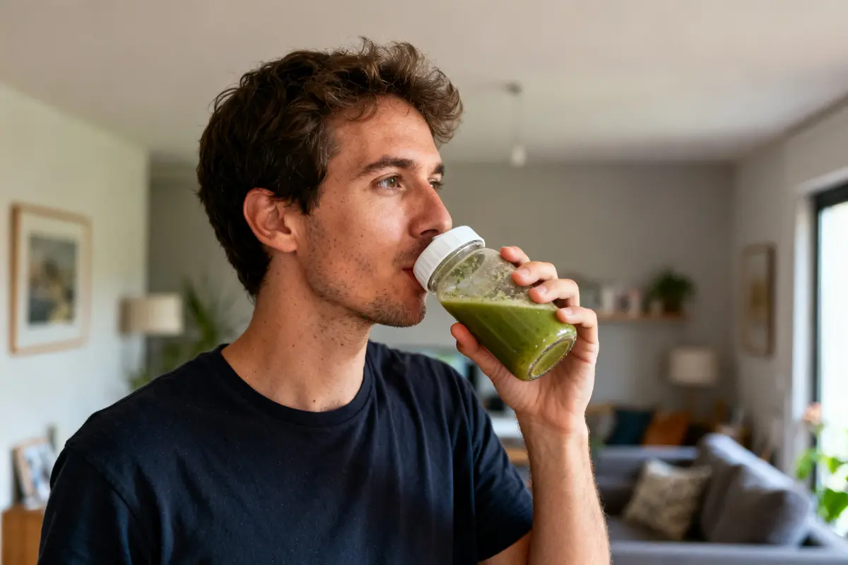 Homme buvant un smoothie vert chez lui pour tester leancaps avis client