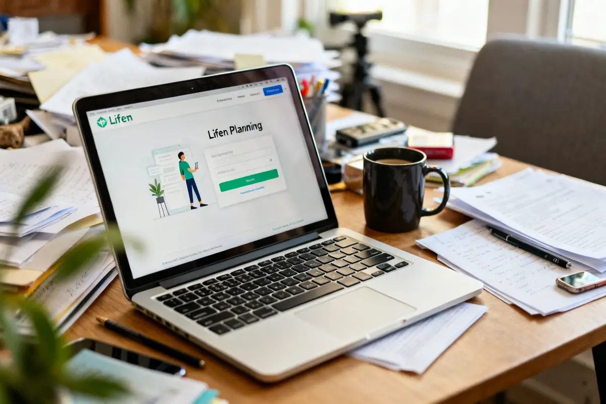 Ordinateur avec écran Lifen Planning connexion sur un bureau encombré de papiers et tasse