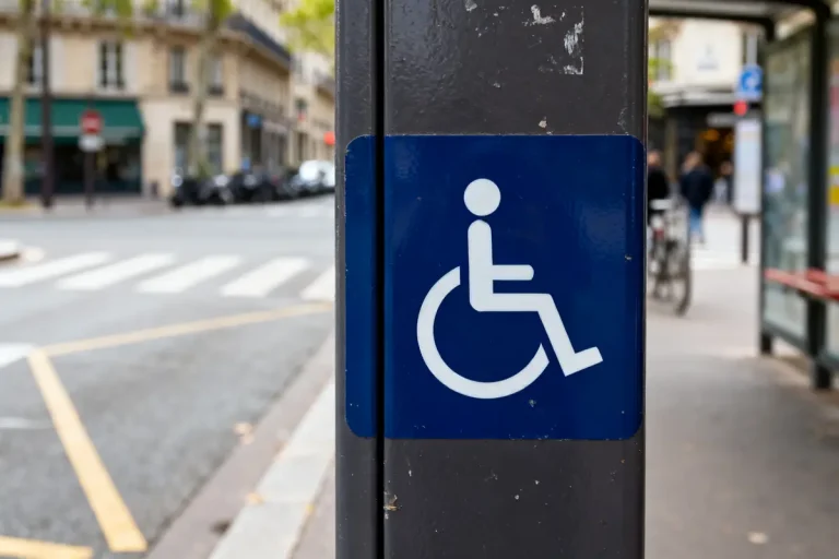Panneau avec logo des handicapés sur rue parisienne à proximité d'un passage piéton