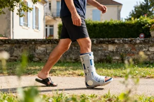 Personne marchant avec une botte orthopédique après fracture plateau tibial sans opération en extérieur