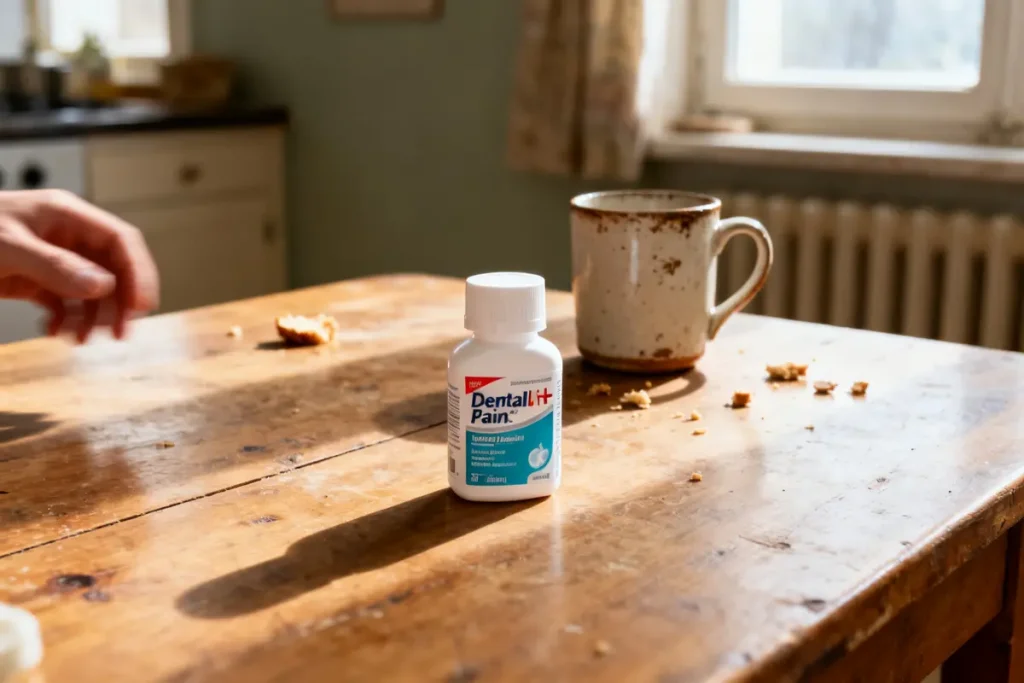 Flacon de médicament pour douleur dentaire intense sur table en bois près d'une tasse