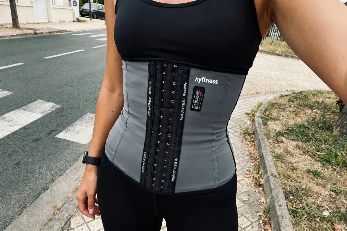 Personne portant une gaine de sport myfitnessgaine en extérieur sur un trottoir.