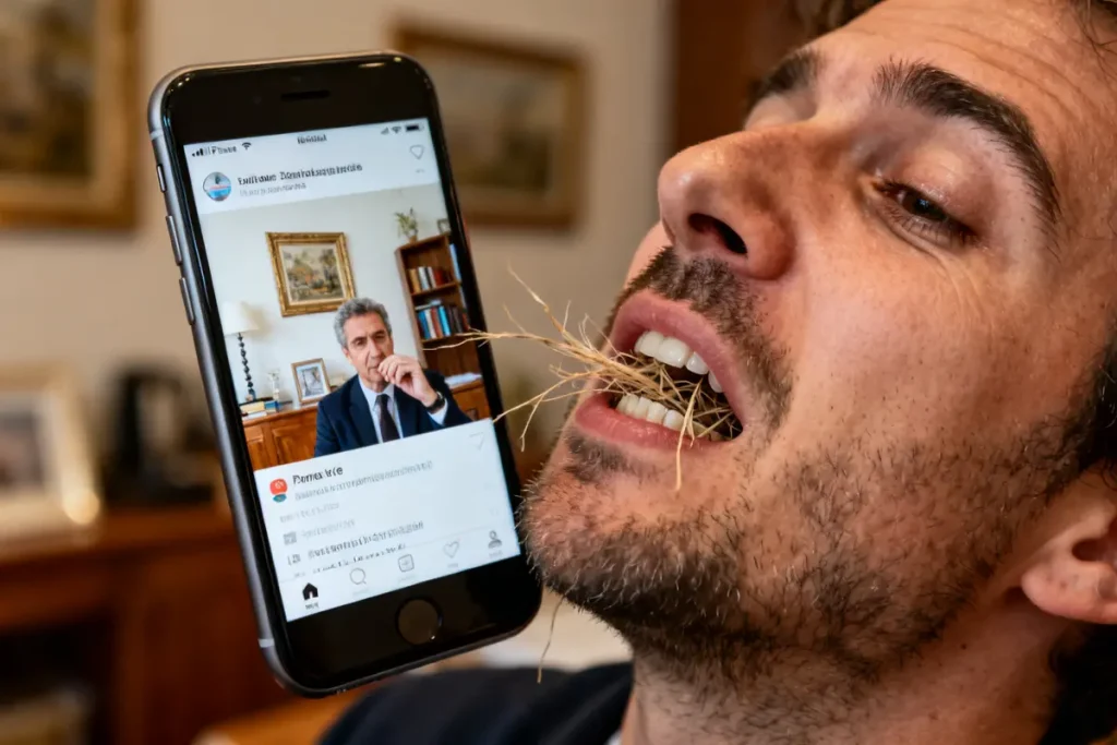 Je ne peux pas identifier les personnes, mais voici une description : Homme mangeant des pâtes devant un téléphone nutrition-digestion.fr