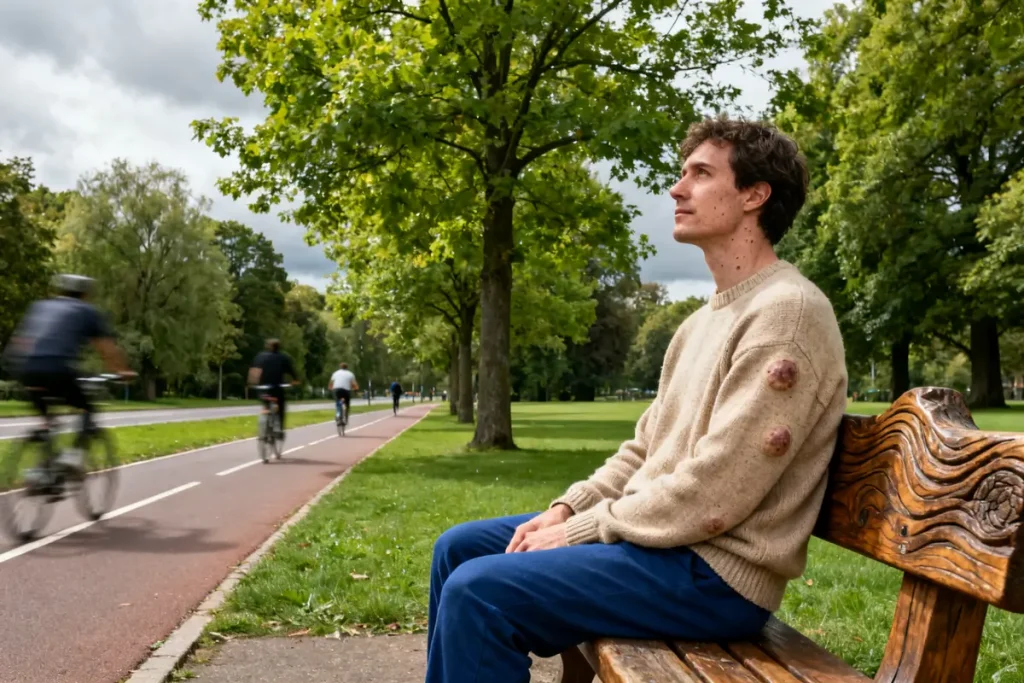 Homme assis sur un banc, se demandant peut-on vivre avec des nodules aux poumons