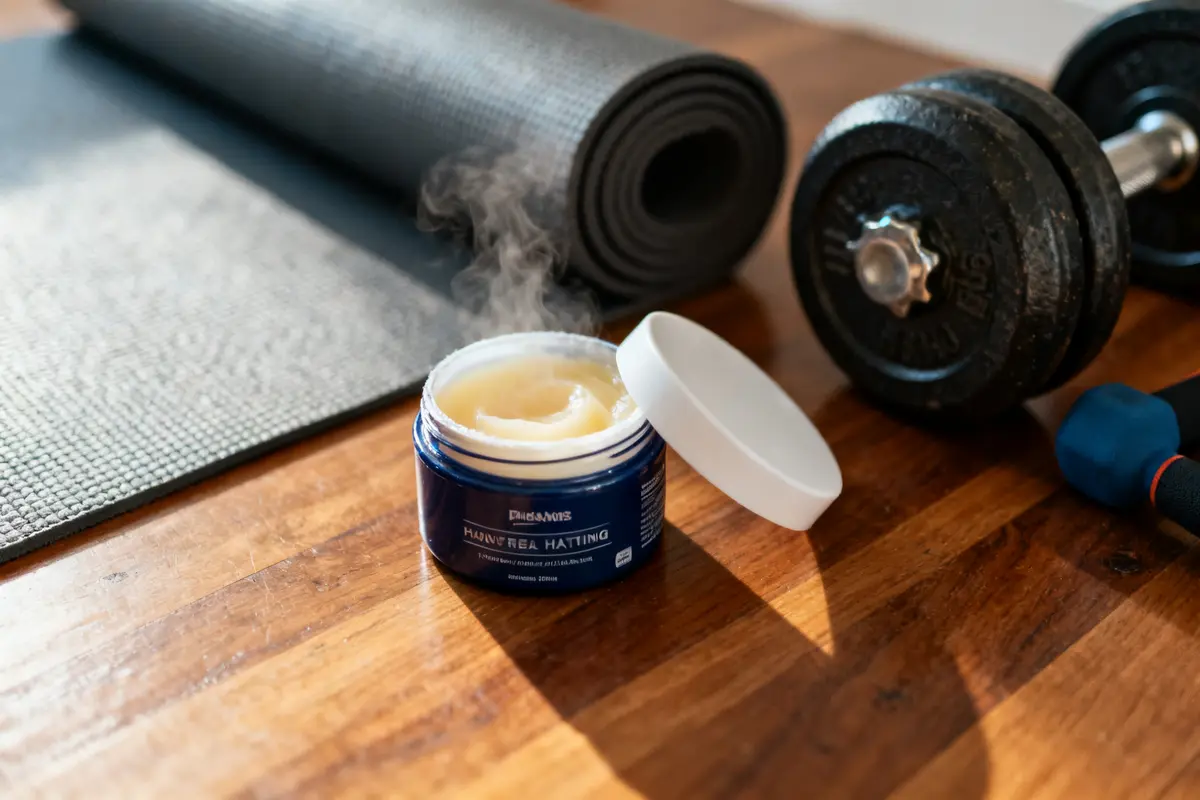 Pot de pommade chauffante pour sportif à côté d'un tapis et haltère noir