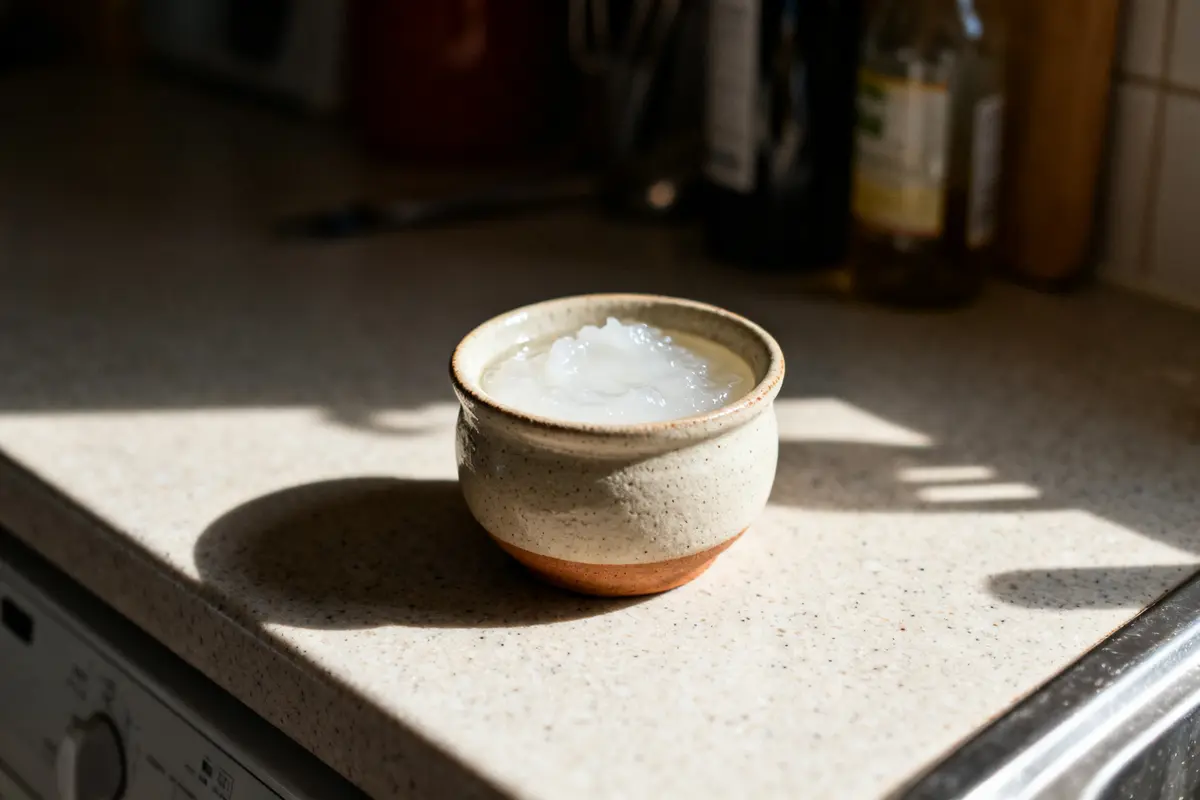 Bol de gel d'aloe vera remède de grand-mère pour sécheresse intime sur comptoir de cuisine