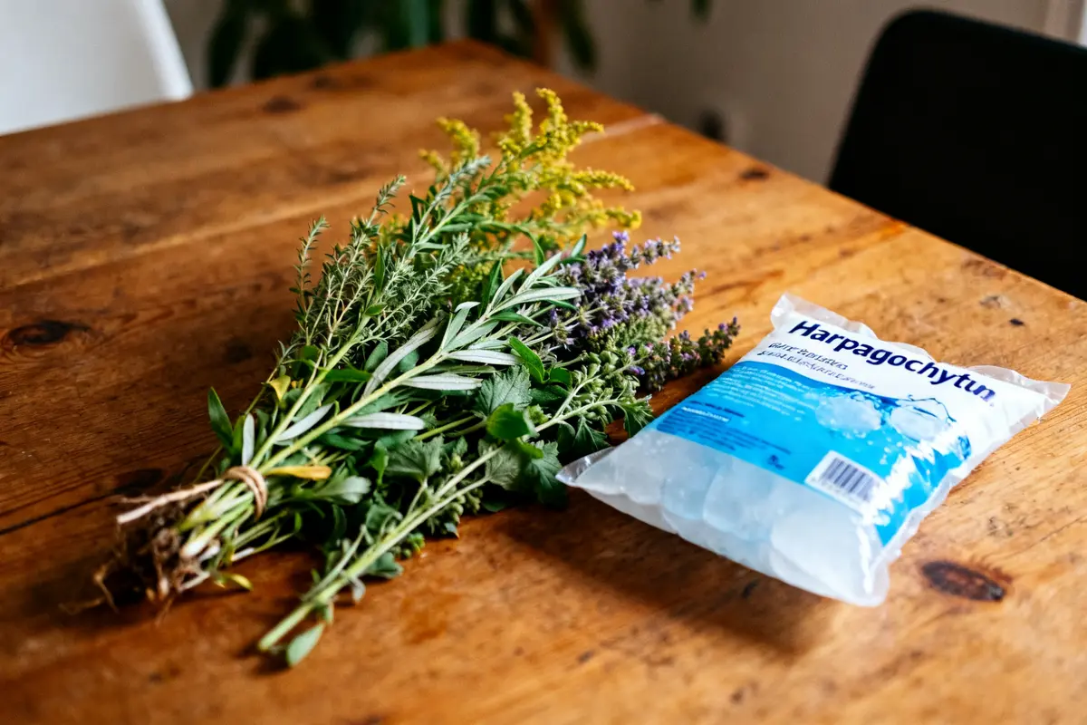 Bouquet d'herbes médicinales et poche d'harpagophytum remède grand-mère pour une douleur au genou