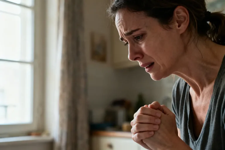 Femme inquiète exprimant stress et ferritine élevée dans une cuisine lumineuse