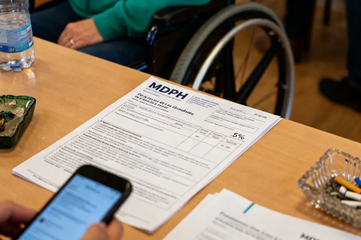 Formulaire MDPH sur table, mentionnant tableau pourcentage d'invalidité, personne en fauteuil.