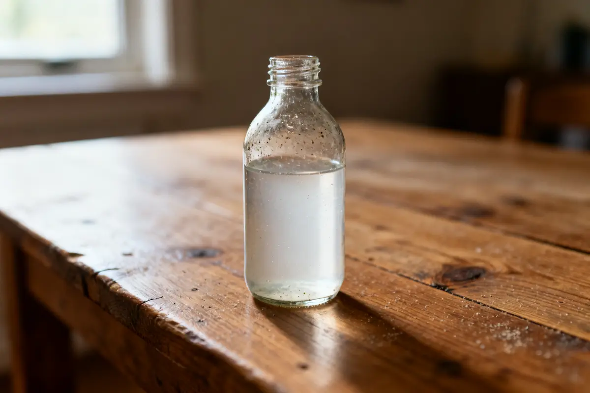 Bouteille d'eau trouble sur une table en bois illustrant thealose danger potentiel.