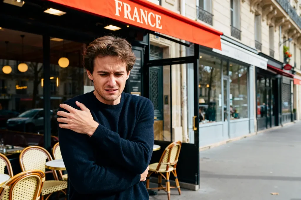Homme souffrant de douleur à l'épaule gauche devant un café à Paris