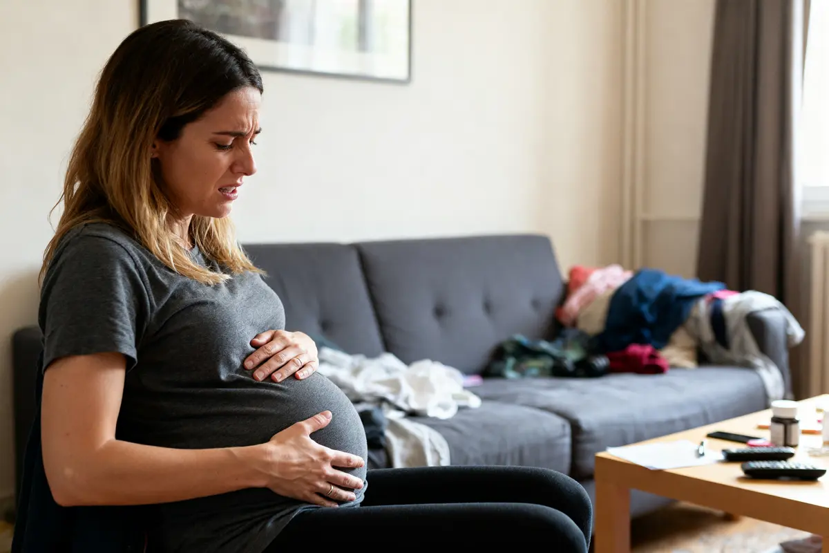 pexels-michal-pech-213601-757318 (1) Femme enceinte assise souffrant de douleur bas ventre et grossesse dans un salon désordonné