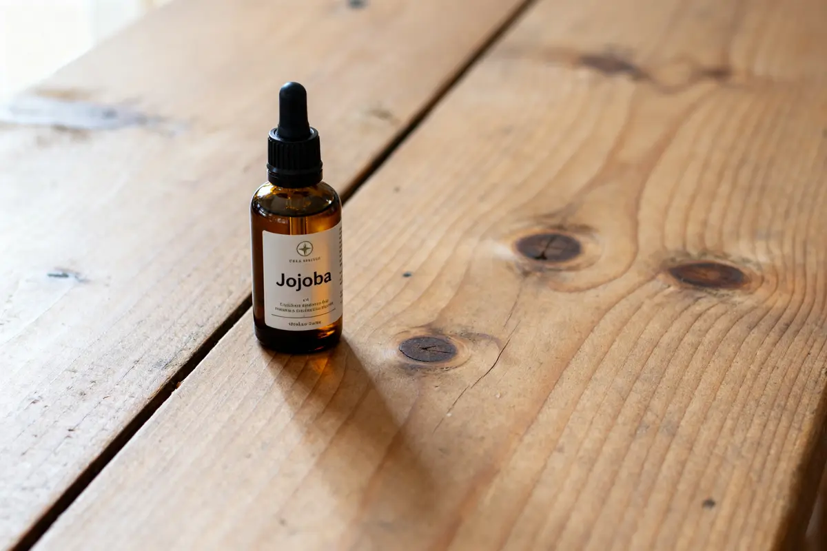 pexels-michal-pech-213601-757318 (1) Flacon d'huile de jojoba sur table bois, huile de jojoba avis dermatologue recommandé