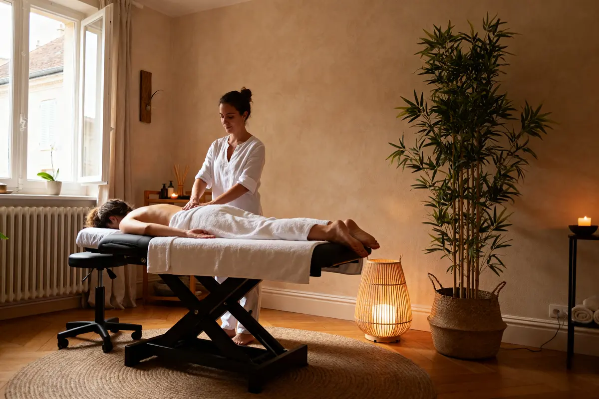 Massothérapeute effectuant un soin relaxant dans un espace de massage romm.com avec ambiance apaisante
