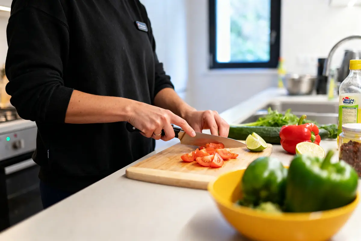 Personne préparant des légumes frais pour perdre 10 kg avec Weight Watchers sans effort.