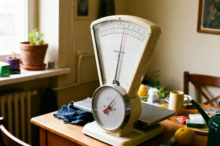 Balance de cuisine vintage sur table avec pèse personne, citron et arrosoir à proximité