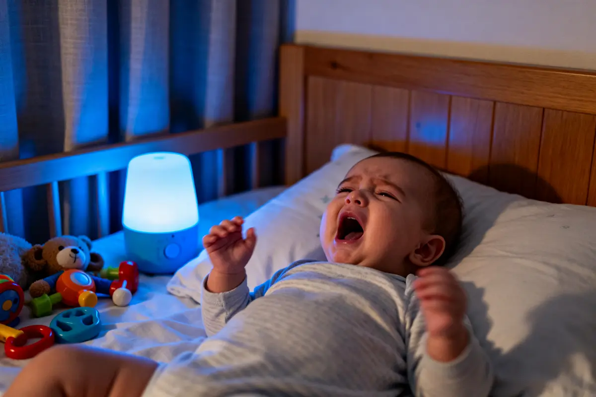 Bébé pleure dans son lit avec veilleuse, symbolisant la régression du sommeil du bébé.