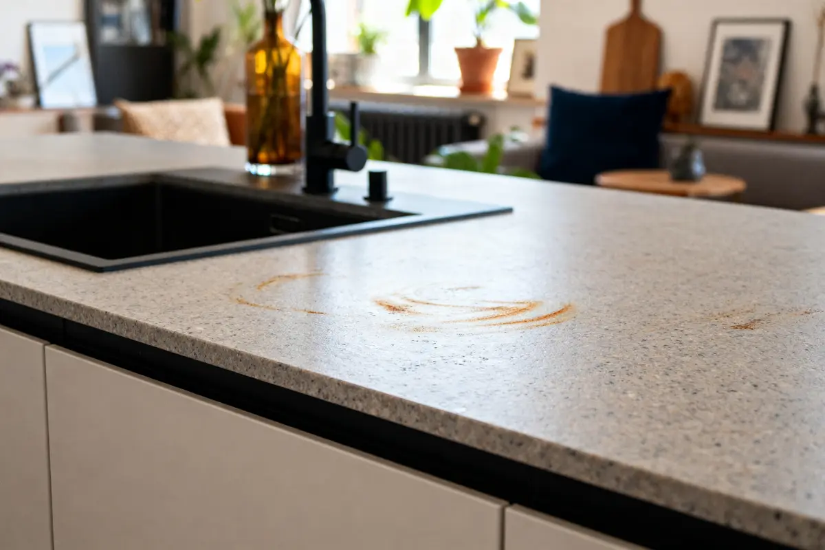 Plan de travail Silestone moderne avec évier intégré dans une cuisine lumineuse et élégante