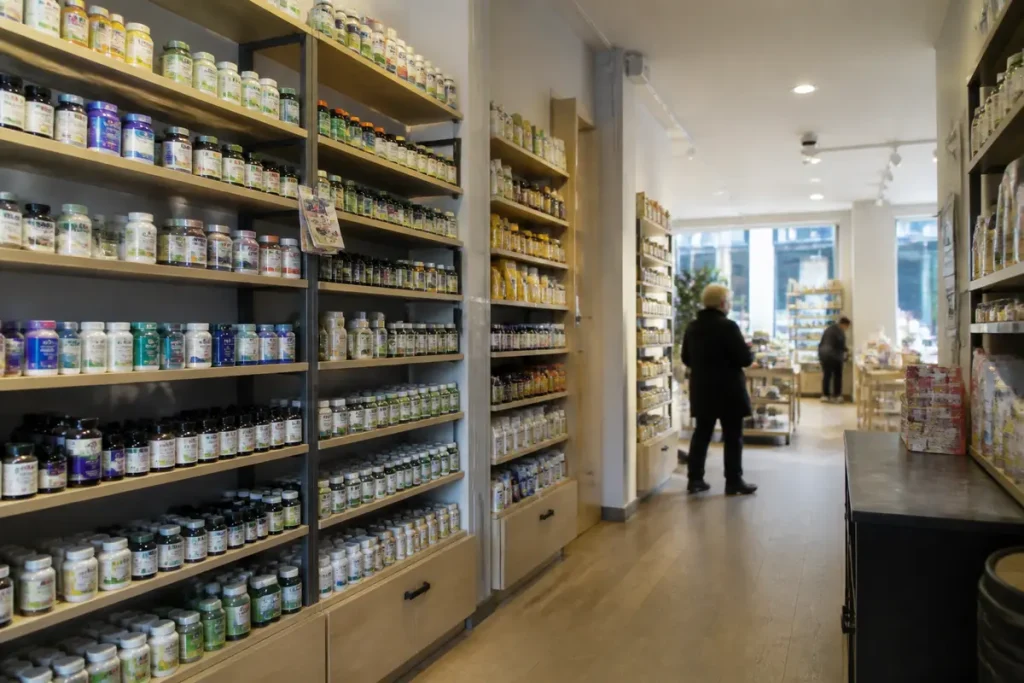 Rayons de compléments alimentaires Celyatis dans un magasin bio lumineux
