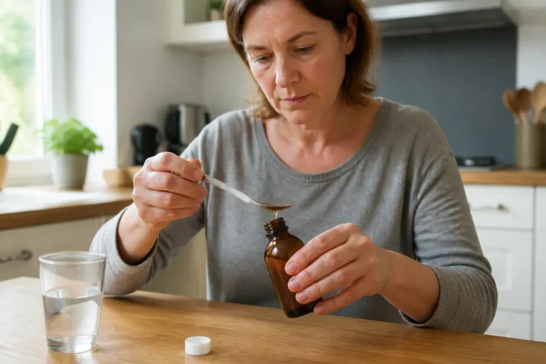 Femme mesurant la posologie de Vogalene avec une cuillère dans une cuisine éclairée.
