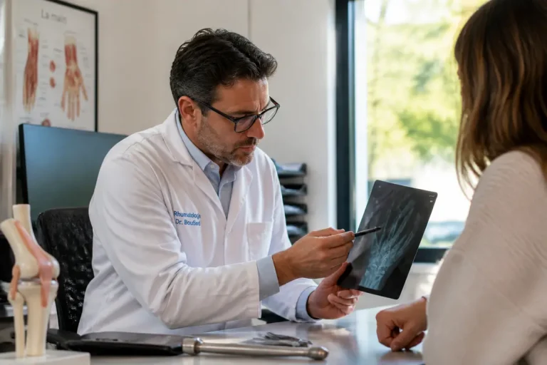 Rhumatologue à Toulouse consultant radiographie main avec patiente dans son cabinet médical