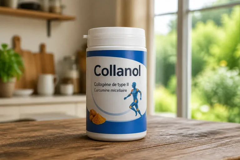 Pot de complément alimentaire Collanol sur une table en bois dans une cuisine lumineuse