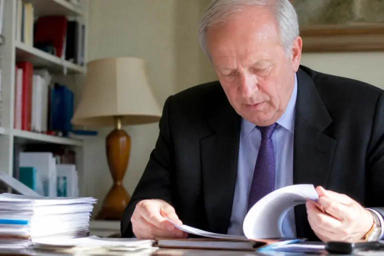 Homme en costume lisant des documents à son bureau touché par le cancer, Hubert Védrine.