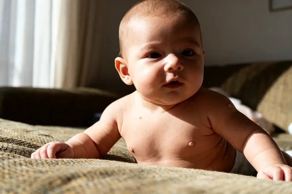 Bébé avec boutons de chaleur sur un canapé, éclairé par la lumière du jour