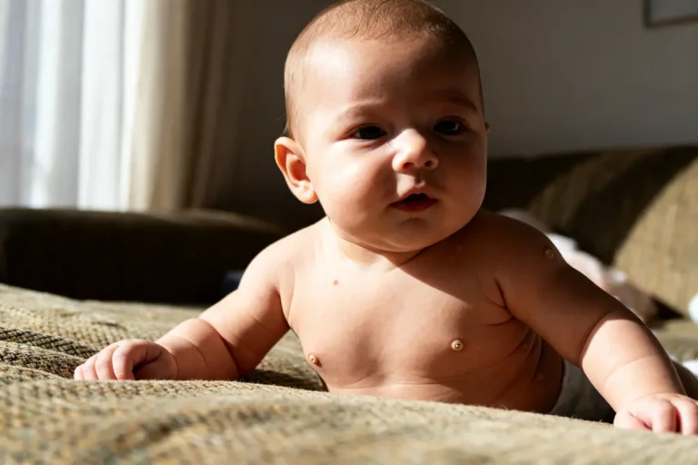 Bébé avec boutons de chaleur sur un canapé, éclairé par la lumière du jour