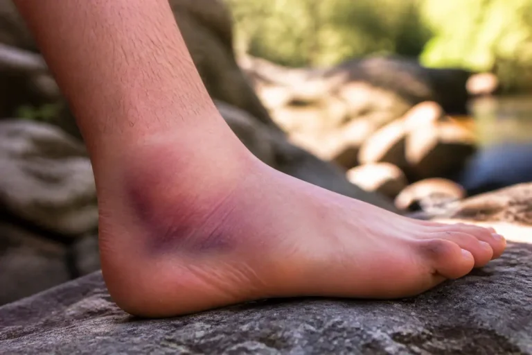 Cheville enflée et contusionnée, soulignant la douleur à la cheville après une blessure.