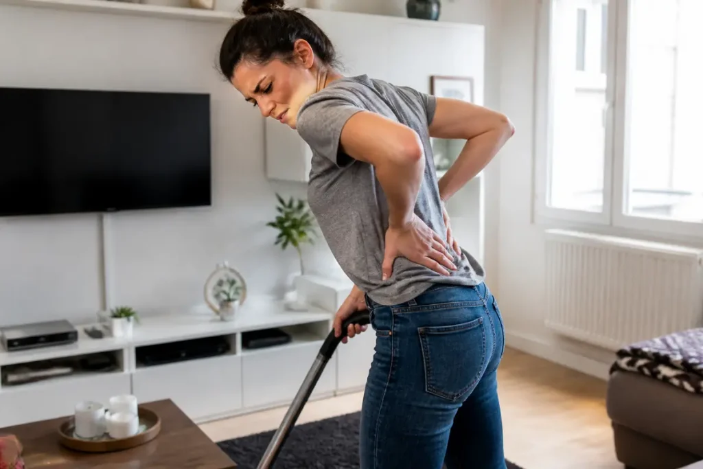 Femme passant l'aspirateur souffrant de douleurs au bas du dos