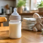 Biberon rempli de lait pour bébé avec jouet et couches sur une table en bois