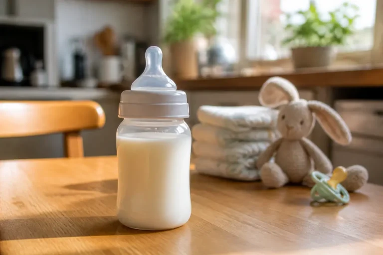 Biberon rempli de lait pour bébé avec jouet et couches sur une table en bois