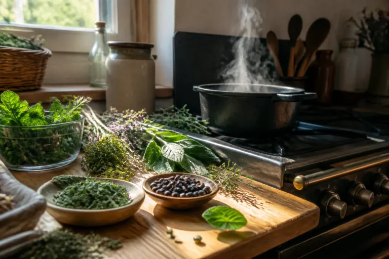 Herbes aromatiques et épices dans une cuisine pour remède de grand-mère abaissant le fer