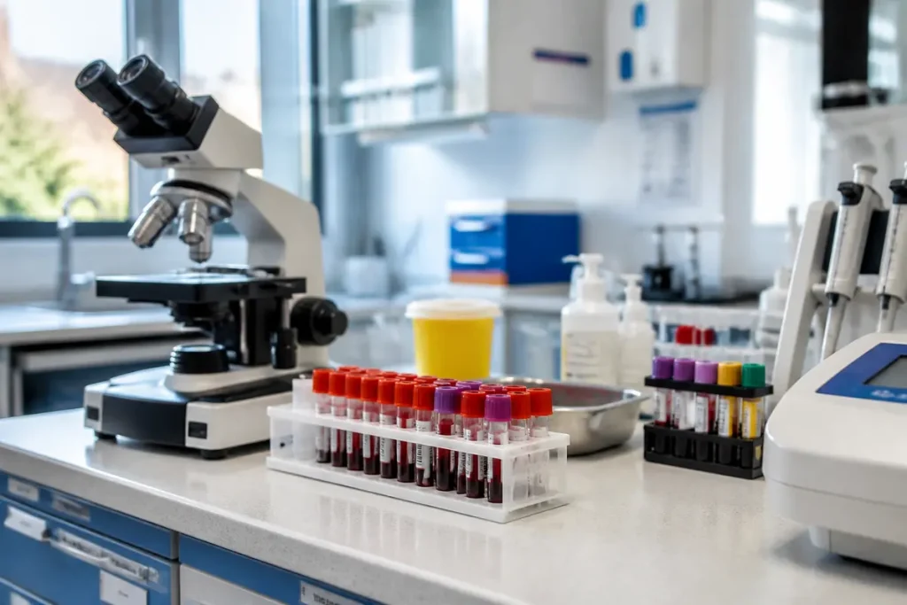 Microscope et tubes à essai en laboratoire étudiant la signification d’absence d’immunoglobuline monoclonale